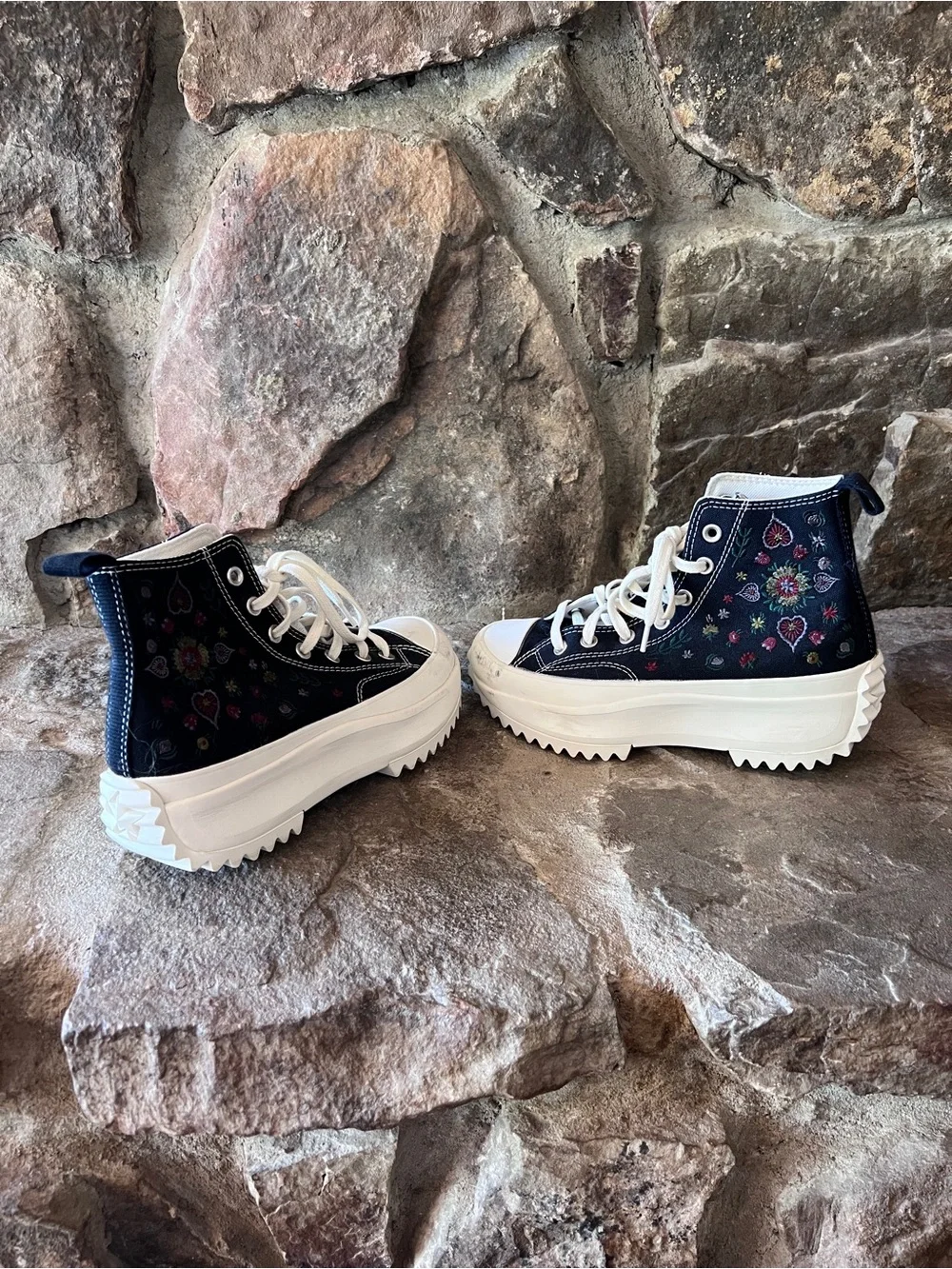 Converse Black High Top Platform Sneakers with Floral Accent